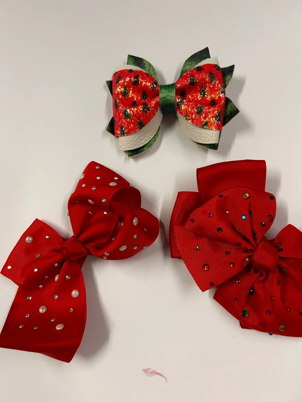 Red Kids Hair Bow Set with Rhinestones and Strawberry Accent(3)